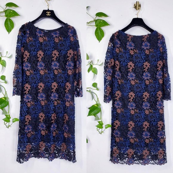$302 NWT Hanita Dress Blue Floral Shift‎ XS Lace Overlay 3/4 Sleeves Pullover - Picture 1 of 10